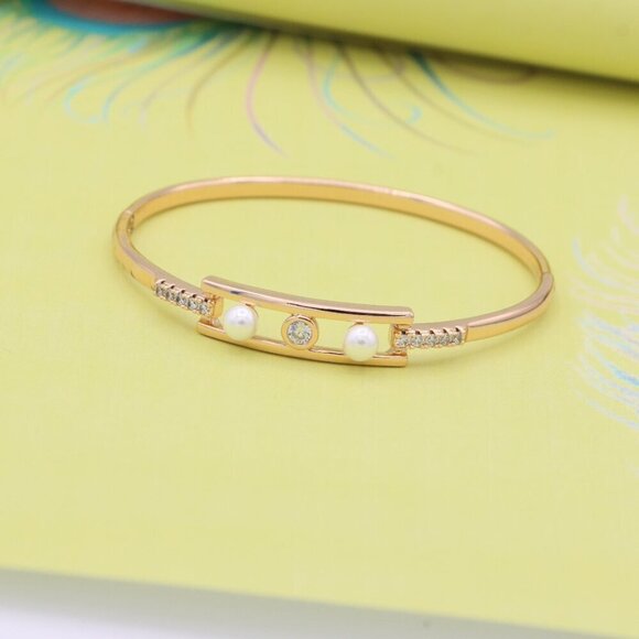 Elegant Rose Gold Bangle with Pearl & CZ Accents, XPBL0450 - Picture 6 of 12